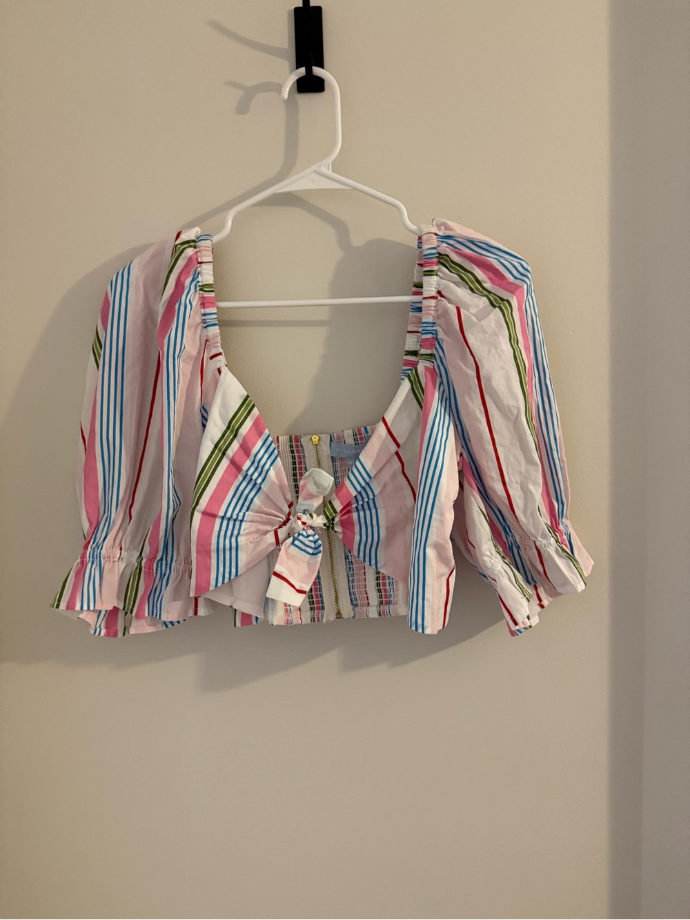 Hill House Striped Tie-Front Puff Sleeve Top in Pink, Blue, Green - Size XL
